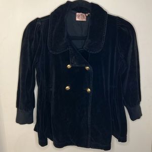 Juicy Couture L Black Velour Military Double Breasted Jacket Gold Button MISSING